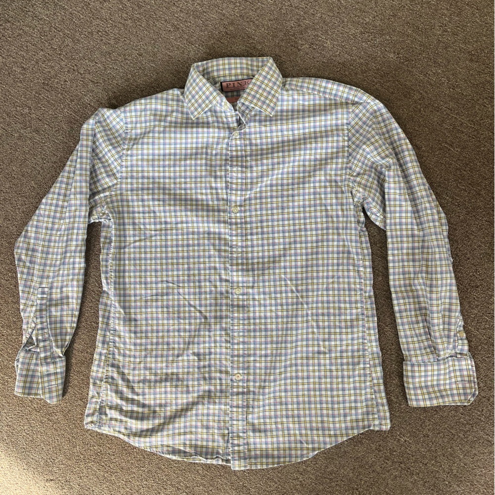 Thomas Pink Button Up‎ Collared Blue Yellow Check Pattern Dress Shirt Size 16